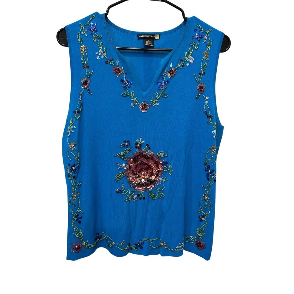 Sweaterworks Embellished Blue Sleeveless Top Floral Sequin Design Sz XL
